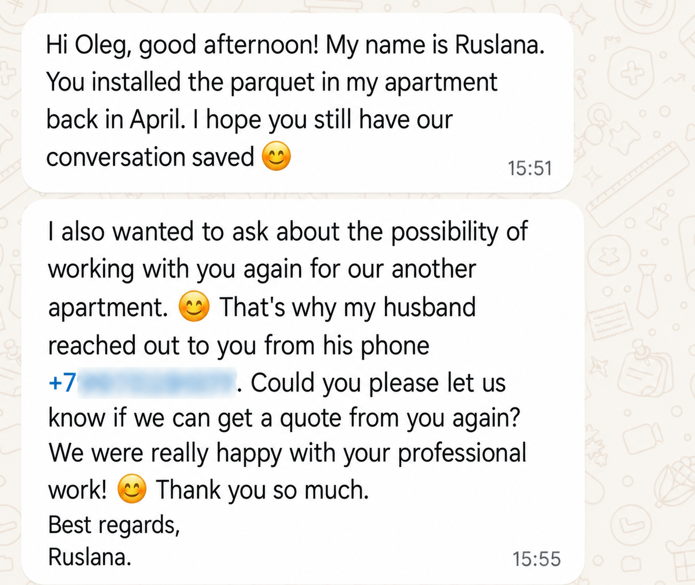 WhatsApp message from a returning client asking to work together again and praising the previous parquet installation.